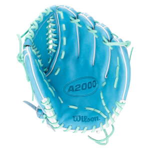 Front view of a blue Wilson A2000 baseball glove with white and mint green lacing.