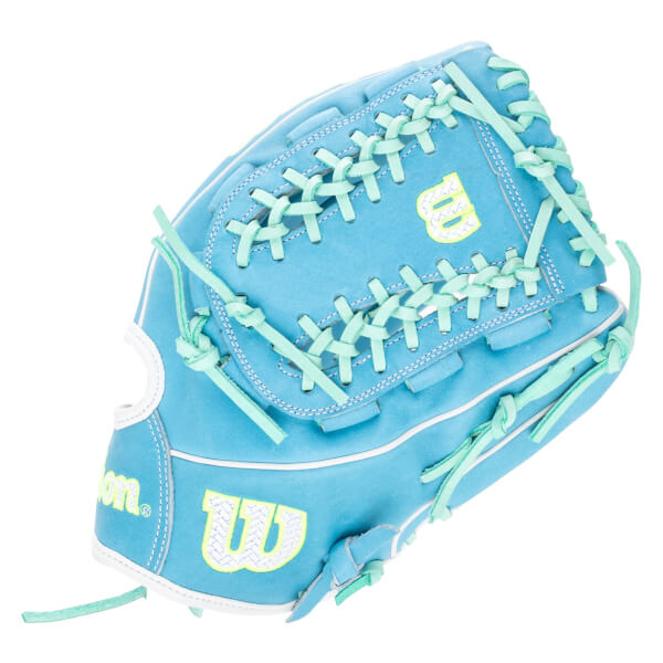 Top-down view of a light blue baseball glove with mint green lacing and yellow "W" logos.