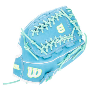 Top-down view of a light blue baseball glove with mint green lacing and yellow "W" logos.