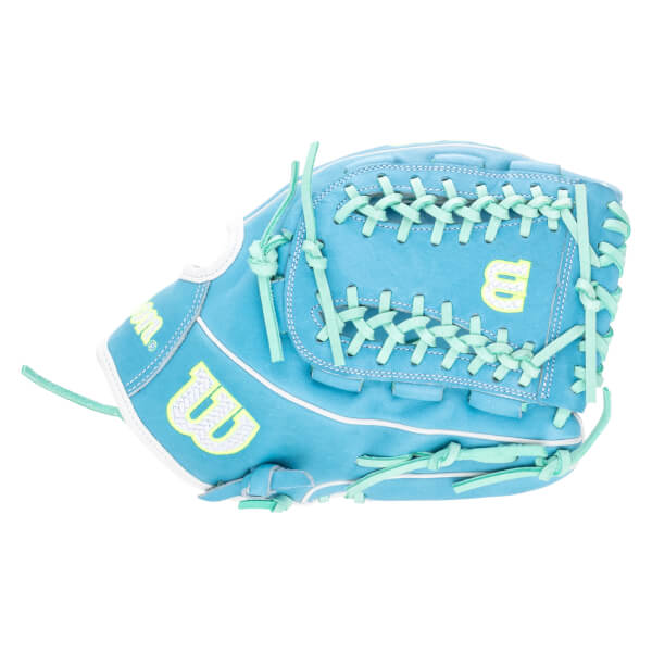 Side view of a blue Wilson baseball glove with mint green lacing and a white outlined "W" logo.