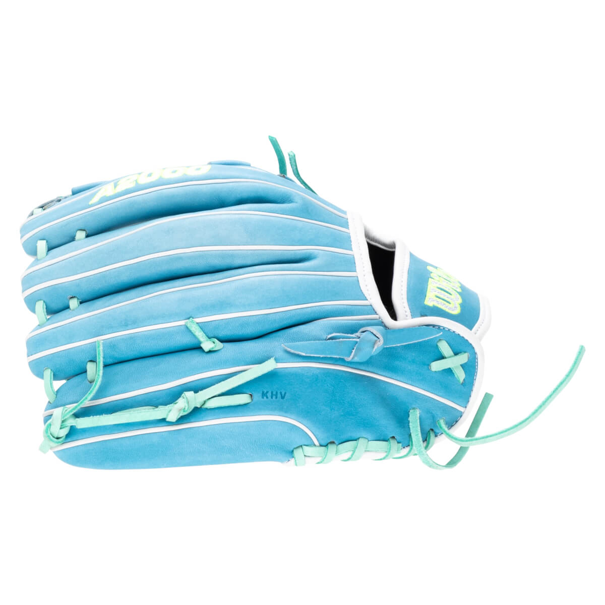 Side view of a blue baseball glove with white stitching, mint green laces, and "A2000" and "KHV" visible.