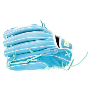 Side view of a blue baseball glove with white stitching, mint green laces, and "A2000" and "KHV" visible.