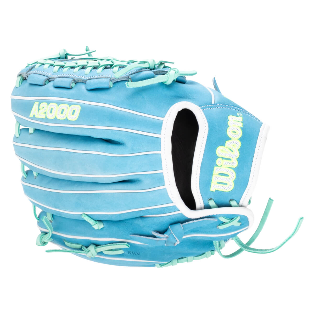 Side view of a blue Wilson A2000 baseball glove with light green laces and white trim.