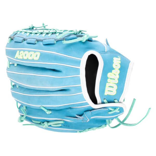 Side view of a blue Wilson A2000 baseball glove with light green laces and white trim.