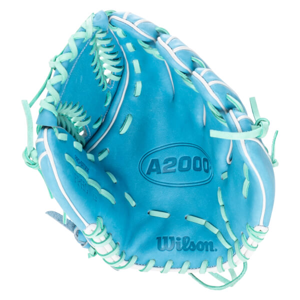Top-down view of a blue Wilson A2000 baseball glove with mint green lacing and white trim.