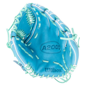 Top-down view of a blue Wilson A2000 baseball glove with mint green lacing and white trim.