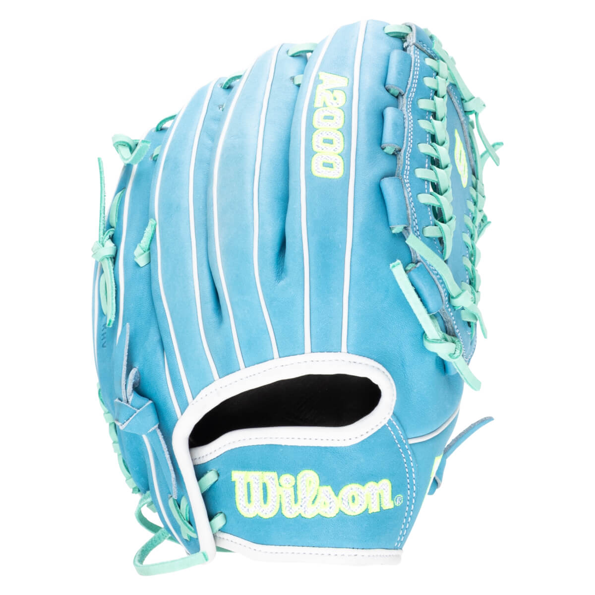 Front view of a blue baseball glove with white stitching, aqua laces, and "Wilson" and "A2000" logos.