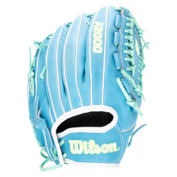 Front view of a blue baseball glove with white stitching, aqua laces, and "Wilson" and "A2000" logos.