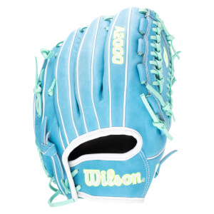 Front view of a blue baseball glove with white stitching, aqua laces, and "Wilson" and "A2000" logos.