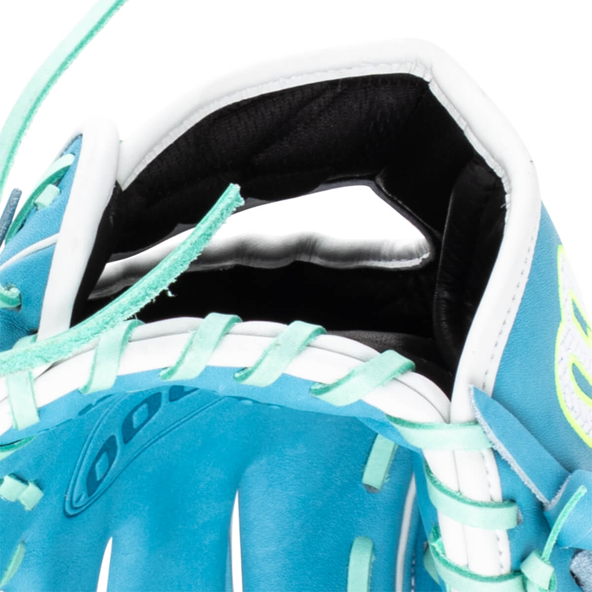 Close-up of a blue baseball glove showing mint green lacing and white trim.