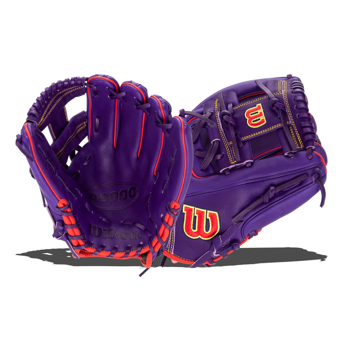 Front and back views of this purple glove with red piping, featuring an embossed A2000 logo on the palm and a yellow Wilson logo on the wrist.