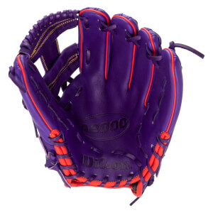 Front view of a purple Wilson A2000 baseball glove featuring orange lacing and the 'A2000' and 'Wilson' logos embossed in the palm.
