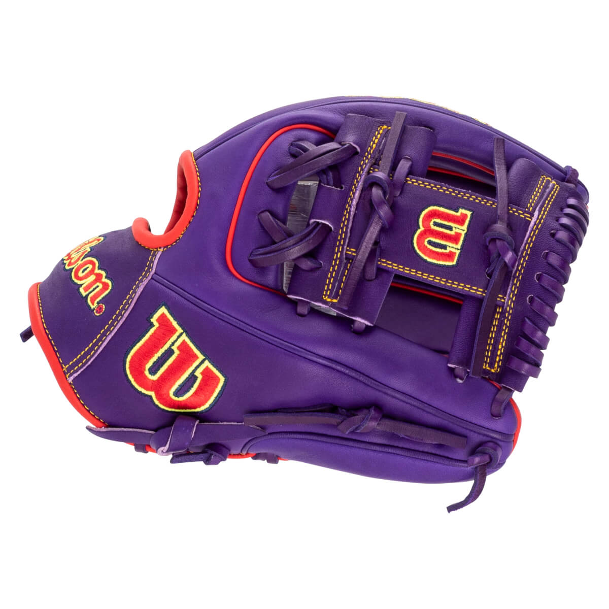 Back view of a purple Wilson baseball glove with red trim and yellow stitching, featuring prominent yellow and red "W" and "Wilson" logos.