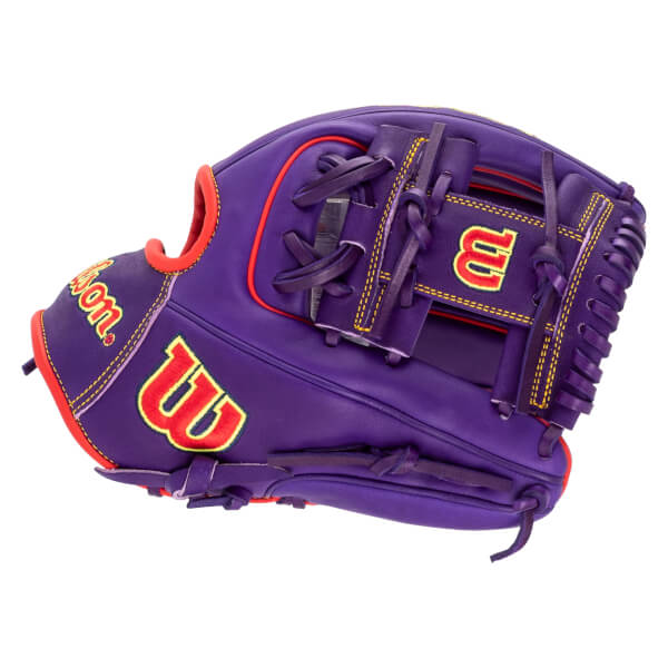 Back view of a purple Wilson baseball glove with red trim and yellow stitching, featuring prominent yellow and red "W" and "Wilson" logos.