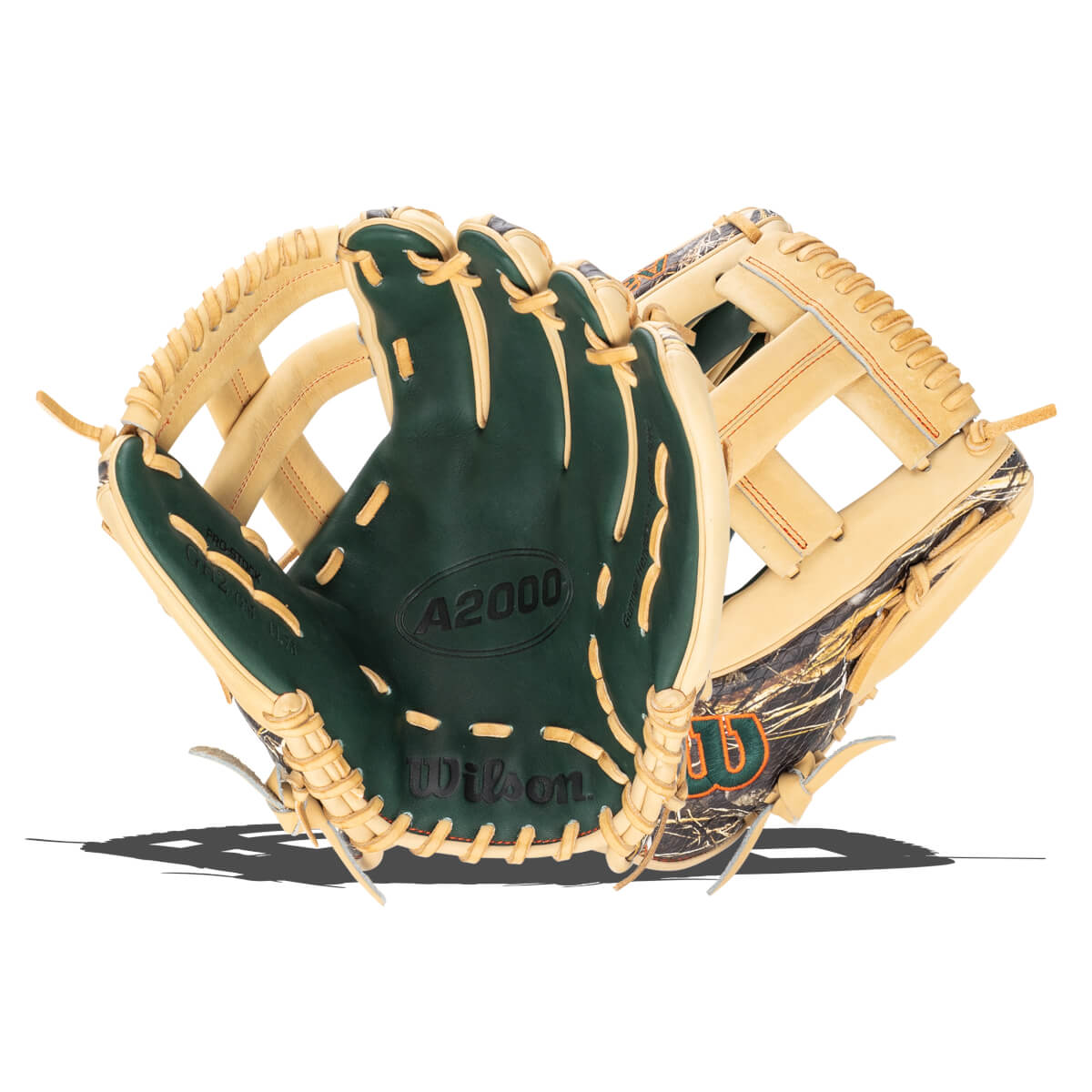 Front view of a tan and green Wilson A2000 baseball glove with a camouflage accent.