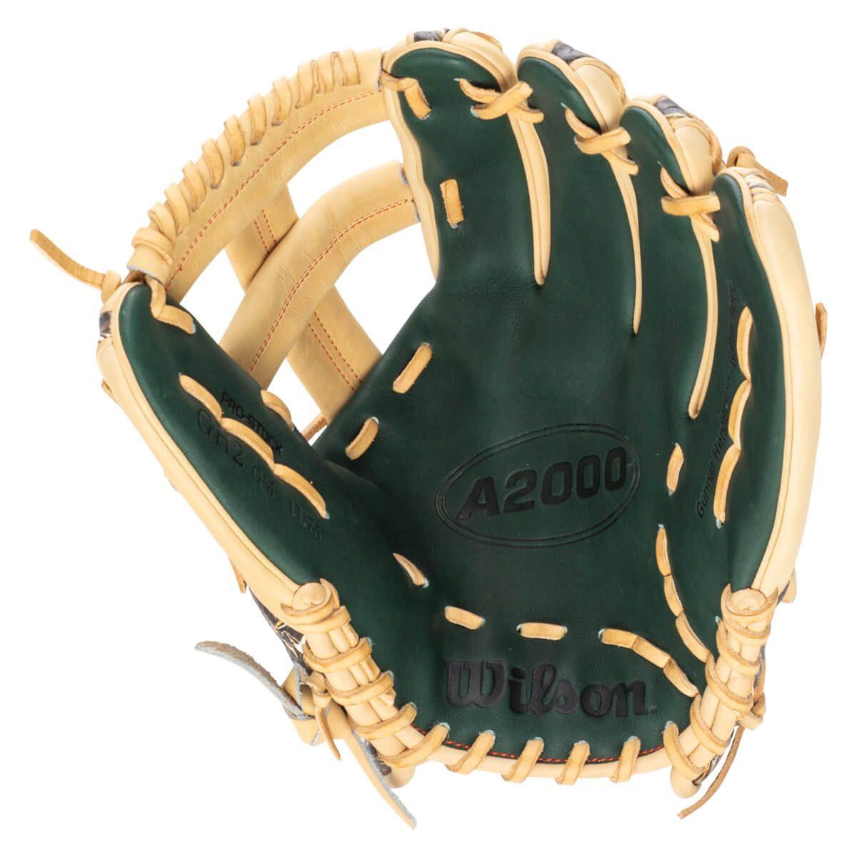 Interior view of a green and tan Wilson A2000 baseball glove, showing the "A2000" logo and "Wilson" text.