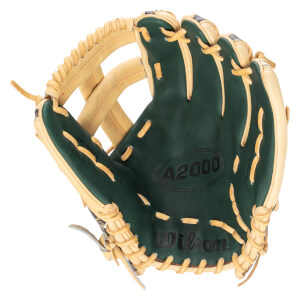 Interior view of a green and tan Wilson A2000 baseball glove, showing the "A2000" logo and "Wilson" text.