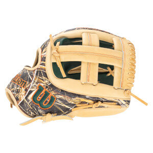 Side view of a baseball glove with a camouflage pattern, a green "W" logo, and orange stitching.