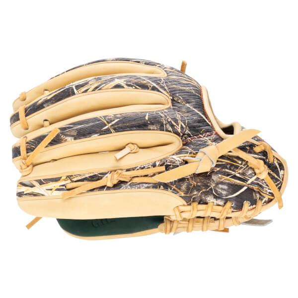 Side view of a baseball glove with a camouflage pattern and tan leather lacing.