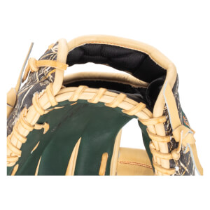 Close-up of a baseball glove showing tan lacing, dark green interior, and a camouflage pattern.