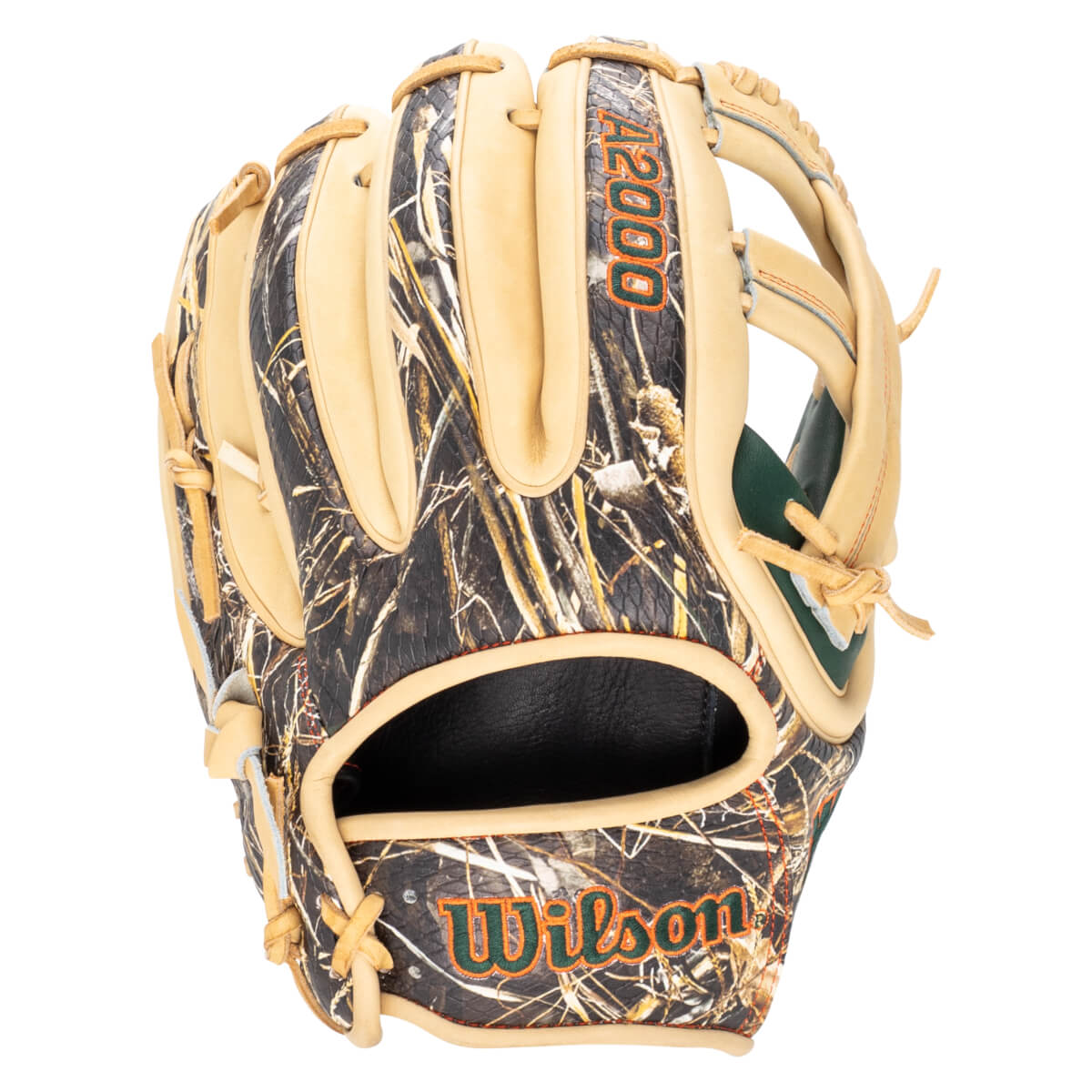 Front view of a baseball glove with a camouflage pattern, featuring "A2000" and "Wilson" logos.