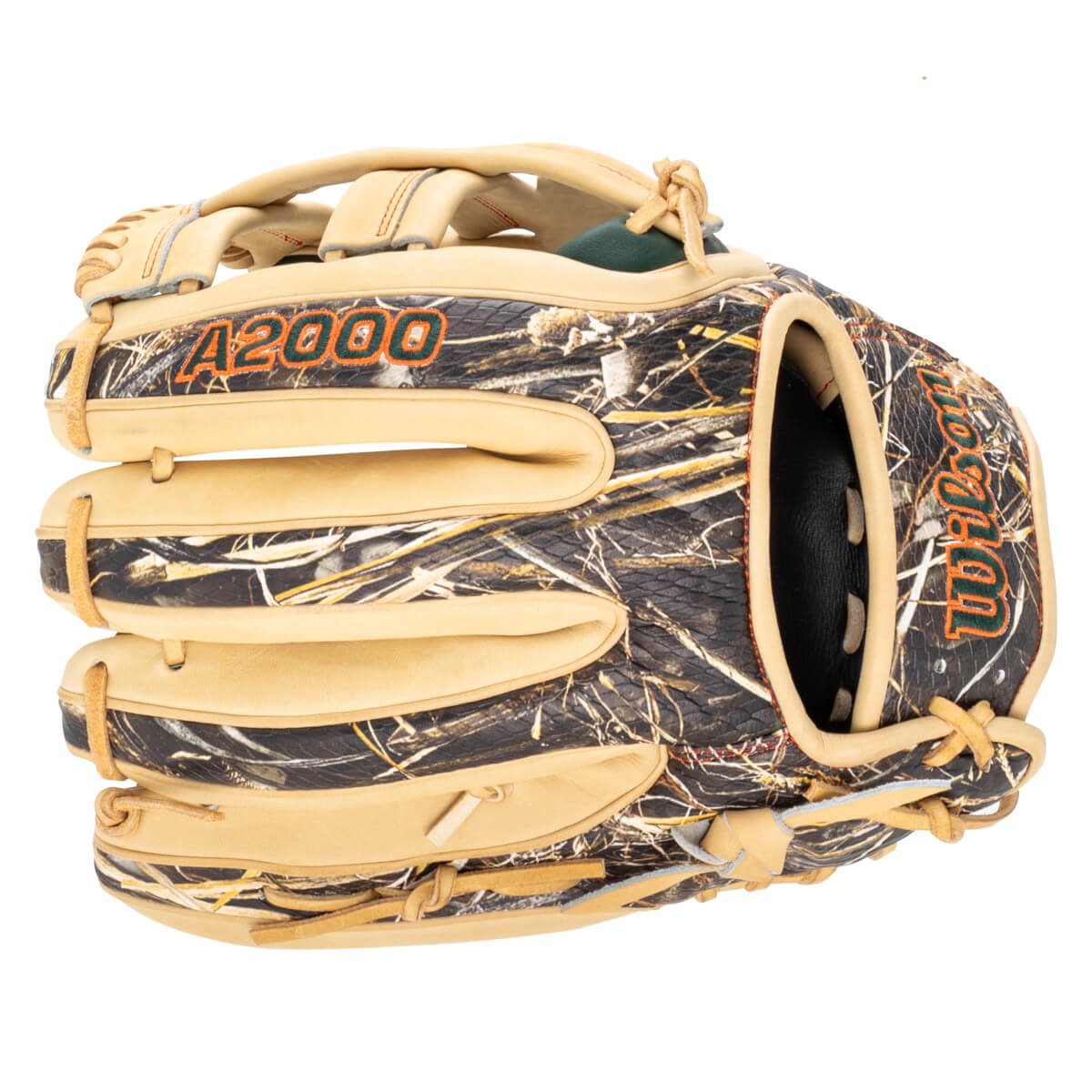 Top-down view of a baseball glove with a camouflage pattern, "A2000" and "Wilson" logos.