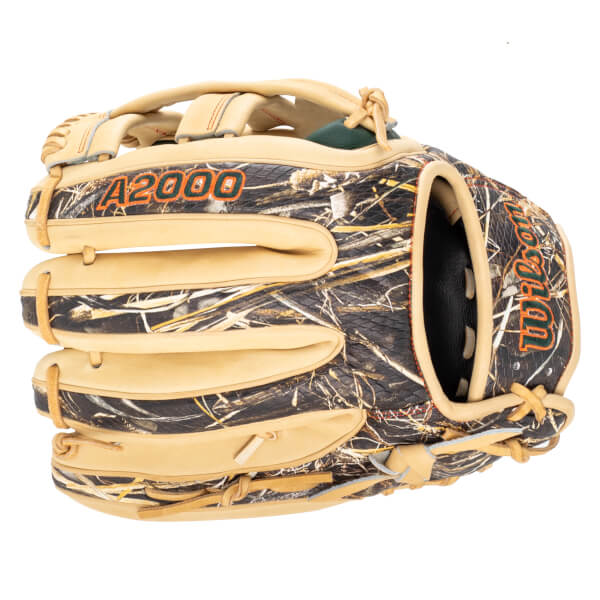 Top-down view of a baseball glove with a camouflage pattern, "A2000" and "Wilson" logos.