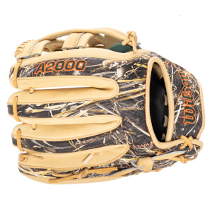 Top-down view of a baseball glove with a camouflage pattern, "A2000" and "Wilson" logos.