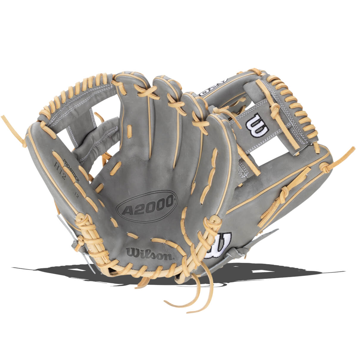Front view of a gray Wilson A2000 baseball glove with tan lacing and white stitching.