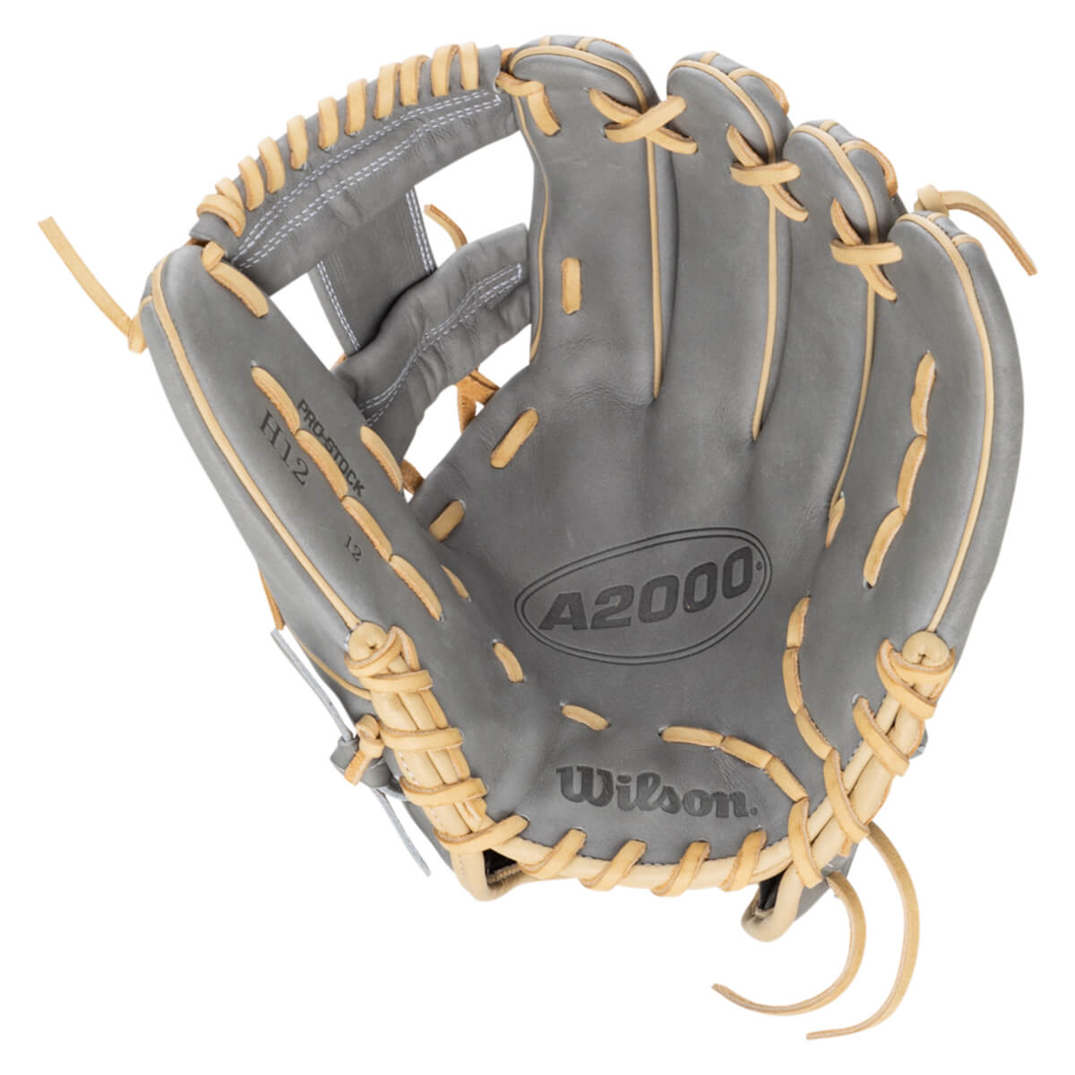 Top-down view of a gray Wilson A2000 baseball glove with tan lacing and "PRO-STOCK H12" text.