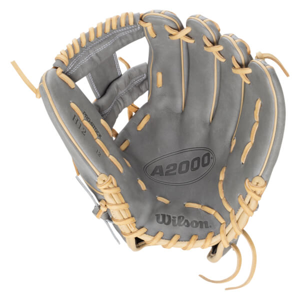 Top-down view of a gray Wilson A2000 baseball glove with tan lacing and "PRO-STOCK H12" text.