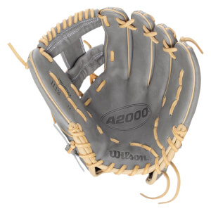 Top-down view of a gray Wilson A2000 baseball glove with tan lacing and "PRO-STOCK H12" text.