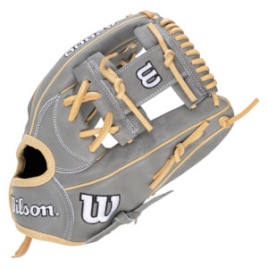 Side view of a gray Wilson baseball glove with tan lacing and white "W" logo.