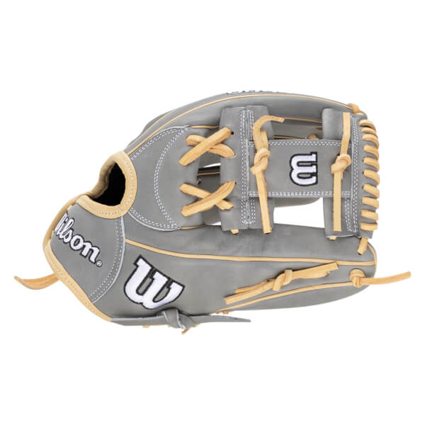 Side view of a gray Wilson baseball glove with tan lacing and a white "W" logo.