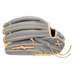 Side view of a gray baseball glove with tan lacing and the "WILSON" logo visible.