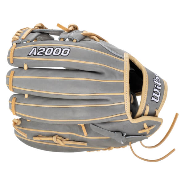 Side view of a gray baseball glove with tan lacing, showing "A2000" and "Wilson" logos.