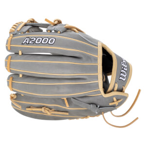 Side view of a gray baseball glove with tan lacing, showing "A2000" and "Wilson" logos.