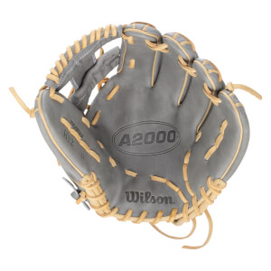 Top-down view of a gray Wilson A2000 baseball glove with tan lacing and "PRO-STOCK H12 12" text.