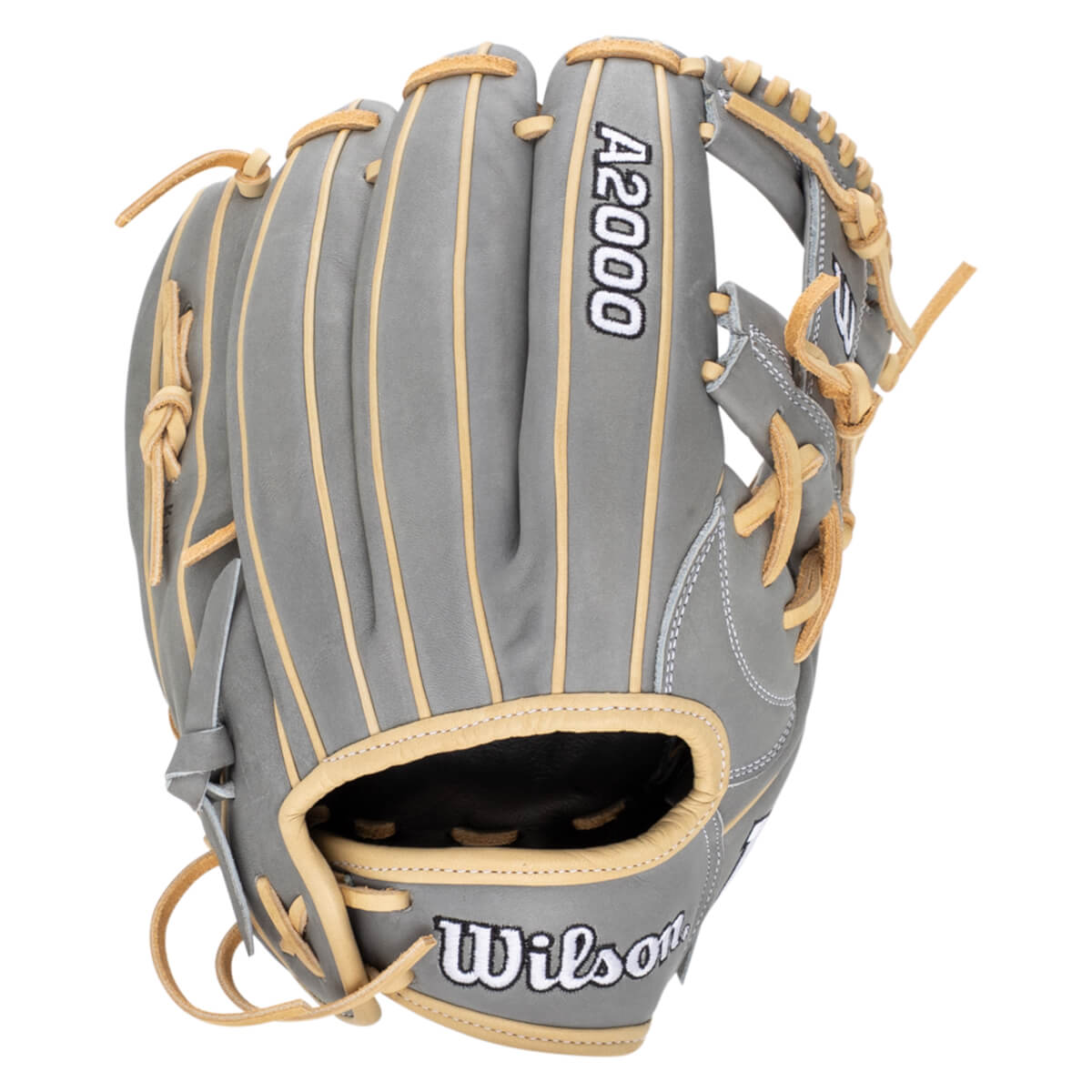 Front view of a gray Wilson A2000 baseball glove with tan lacing and stitching.