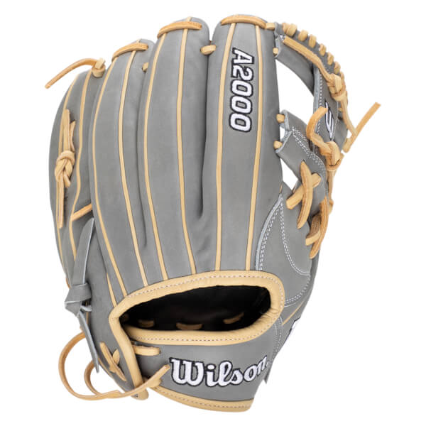 Front view of a gray Wilson A2000 baseball glove with tan lacing and stitching.