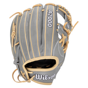 Front view of a gray Wilson A2000 baseball glove with tan lacing and stitching.