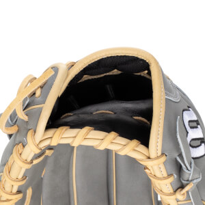 Top-down view of a gray baseball glove showing the interior pocket with black lining and tan lacing.