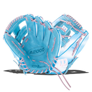 Front view of a blue and white baseball glove with pink lacing, featuring "A2000" and "Wilson" logos.