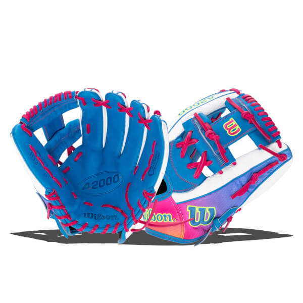 Front and back views of a blue Wilson A2000 H12 softball glove featuring pink laces, a gradient purple-to-pink back, and visible "Wilson" and "A2000" branding.