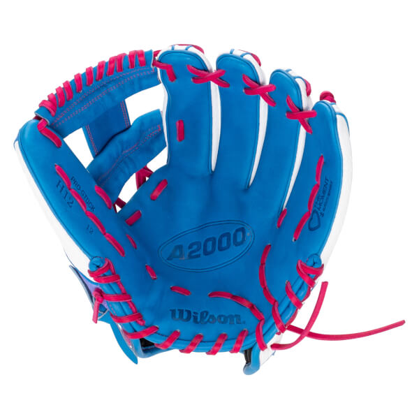 Front view of a blue Wilson A2000 softball glove with pink laces, featuring the Wilson and A2000 logos in the palm and Love The Moment on the pinky.