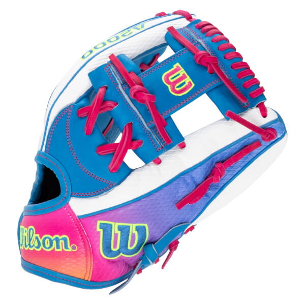 Back view of a blue and white softball glove featuring a pink and purple gradient, hot pink laces, and neon green Wilson and A2000 logos.