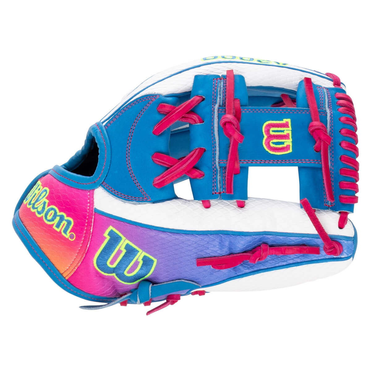 Back view of a blue, white, and gradient softball glove featuring pink laces, an H-web, and lime green Wilson branding on textured leather.