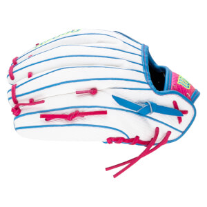 Side view of the white snakeskin leather glove featuring blue piping, pink laces, and yellow Wilson and A2000 logos.
