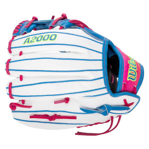Back view of a white fastpitch softball glove featuring blue piping, pink laces, and yellow "A2000" and "Wilson" branding.