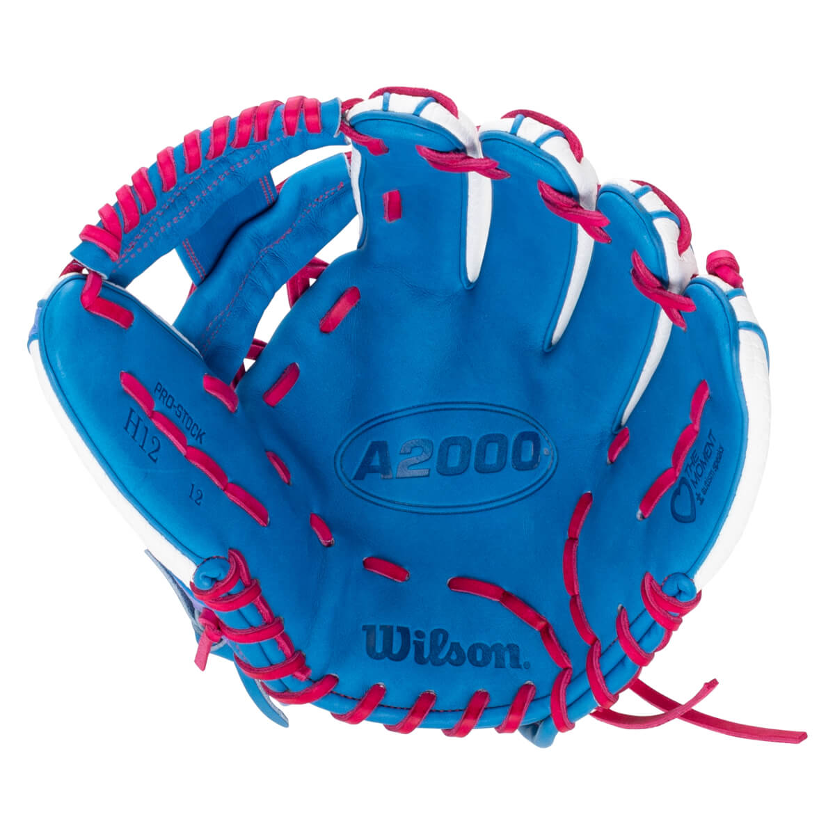 Front view of a blue softball glove with pink laces and white trim, featuring visible "Wilson," "A2000," and "LOVE THE MOMENT" text on the palm and pinky areas.
